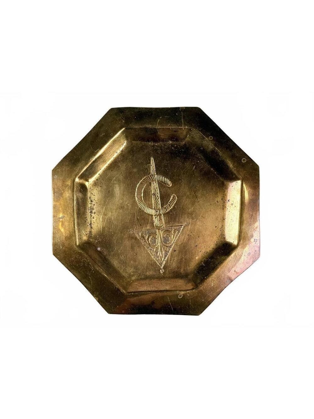 Vintage Moroccan Brass Octagonal Tray Hamd-Chased Emblem Wall Plate 9in